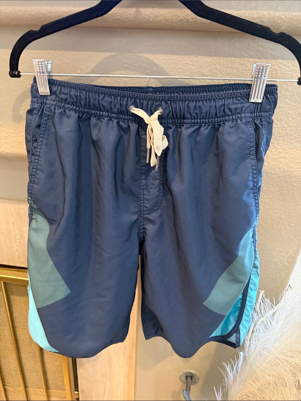 Fair Harbor Size Small Men's Navy Blue Swim Trunks with Aqua Panels